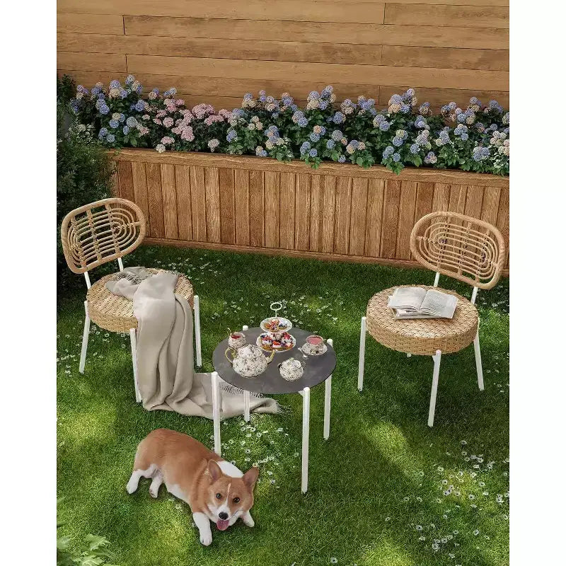 Acekool 3-Piece Wicker Bistro Set - 2 Chairs & Glass Table for Patio, Balcony & Small Spaces