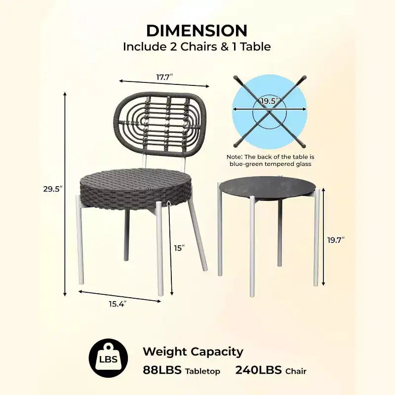Acekool 3-Piece Wicker Bistro Set - 2 Chairs & Glass Table for Patio, Balcony & Small Spaces