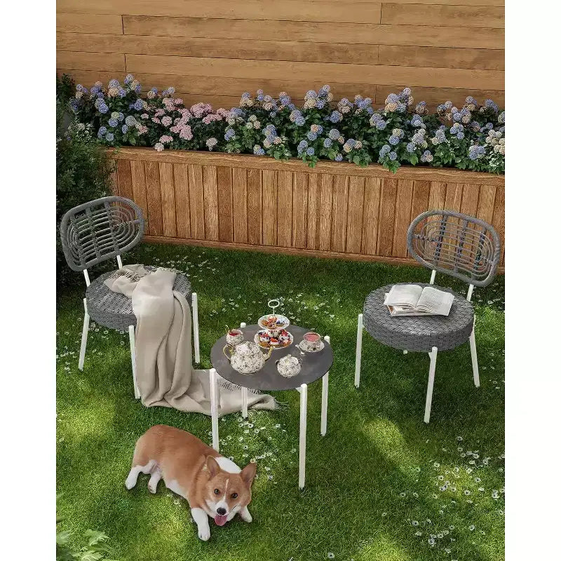 Acekool 3-Piece Wicker Bistro Set - 2 Chairs & Glass Table for Patio, Balcony & Small Spaces