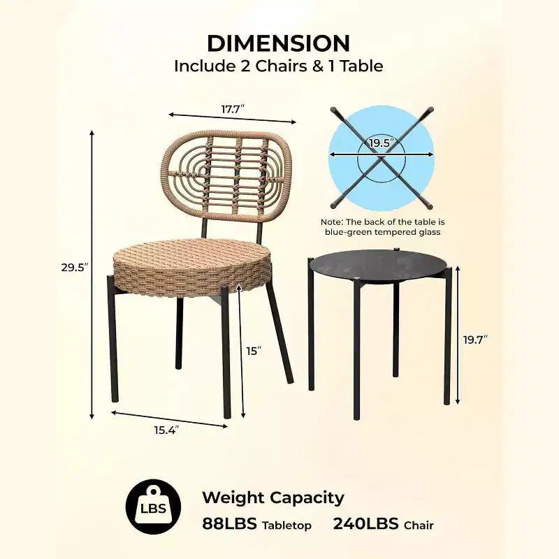 Acekool 3-Piece Wicker Bistro Set - 2 Chairs & Glass Table for Patio, Balcony & Small Spaces