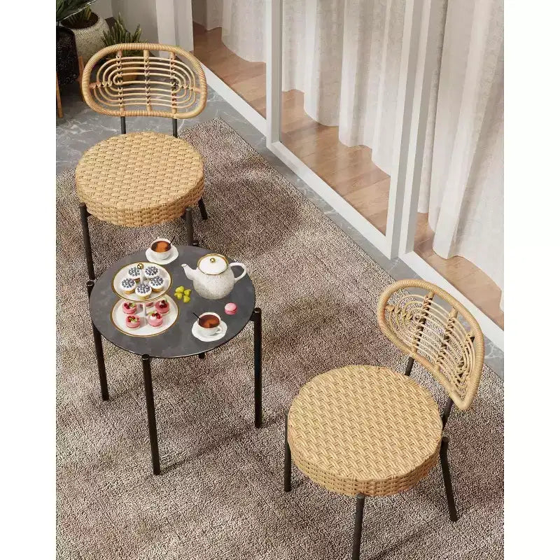 Acekool 3-Piece Wicker Bistro Set - 2 Chairs & Glass Table for Patio, Balcony & Small Spaces