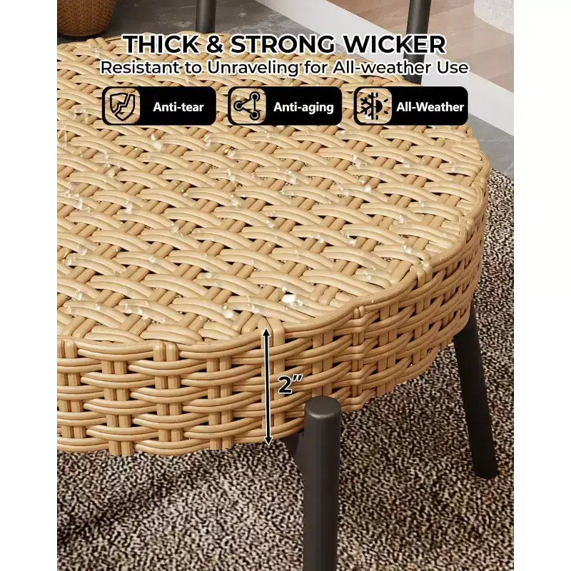 Acekool 3-Piece Wicker Bistro Set - 2 Chairs & Glass Table for Patio, Balcony & Small Spaces