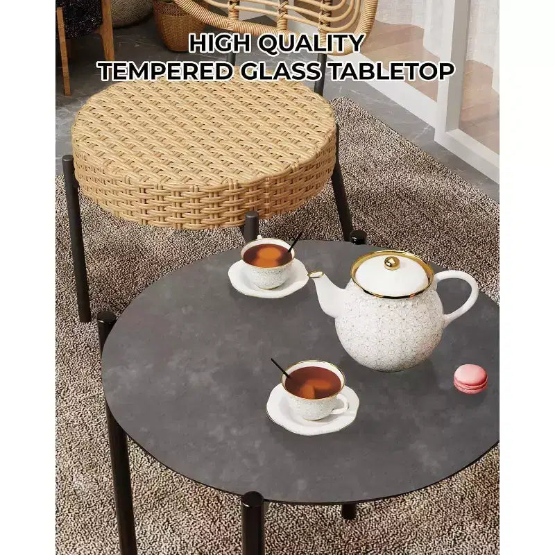 Acekool 3-Piece Wicker Bistro Set - 2 Chairs & Glass Table for Patio, Balcony & Small Spaces