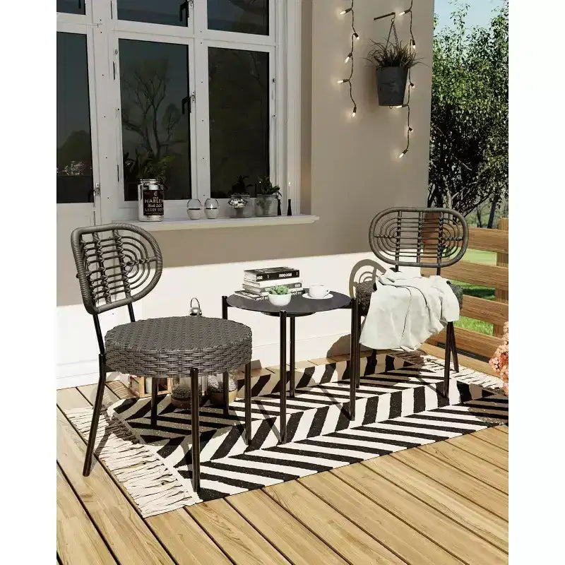 Acekool 3-Piece Wicker Bistro Set - 2 Chairs & Glass Table for Patio, Balcony & Small Spaces