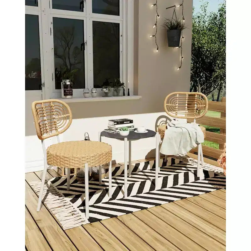 Acekool 3-Piece Wicker Bistro Set - 2 Chairs & Glass Table for Patio, Balcony & Small Spaces