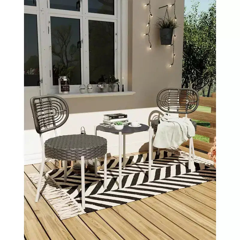 Acekool 3-Piece Wicker Bistro Set - 2 Chairs & Glass Table for Patio, Balcony & Small Spaces