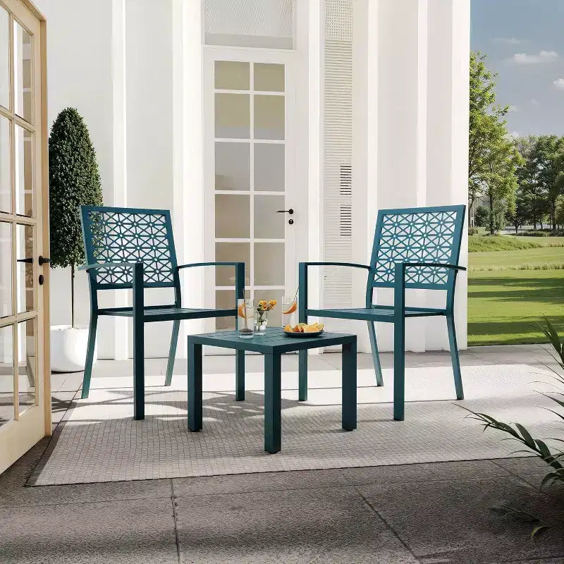 3 Piece Patio Bistro Set, Modern Carved Back Design Furniture Set, Metal Porch Chairs with Tea Table for Balcony, Garden, or Front Patio