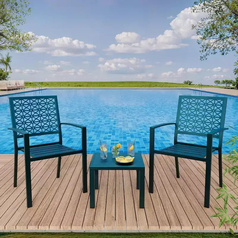 3 Piece Patio Bistro Set, Modern Carved Back Design Furniture Set, Metal Porch Chairs with Tea Table for Balcony, Garden, or Front Patio