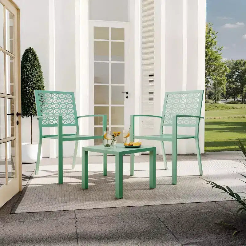 3 Piece Patio Bistro Set, Modern Carved Back Design Furniture Set, Metal Porch Chairs with Tea Table for Balcony, Garden, or Front Patio