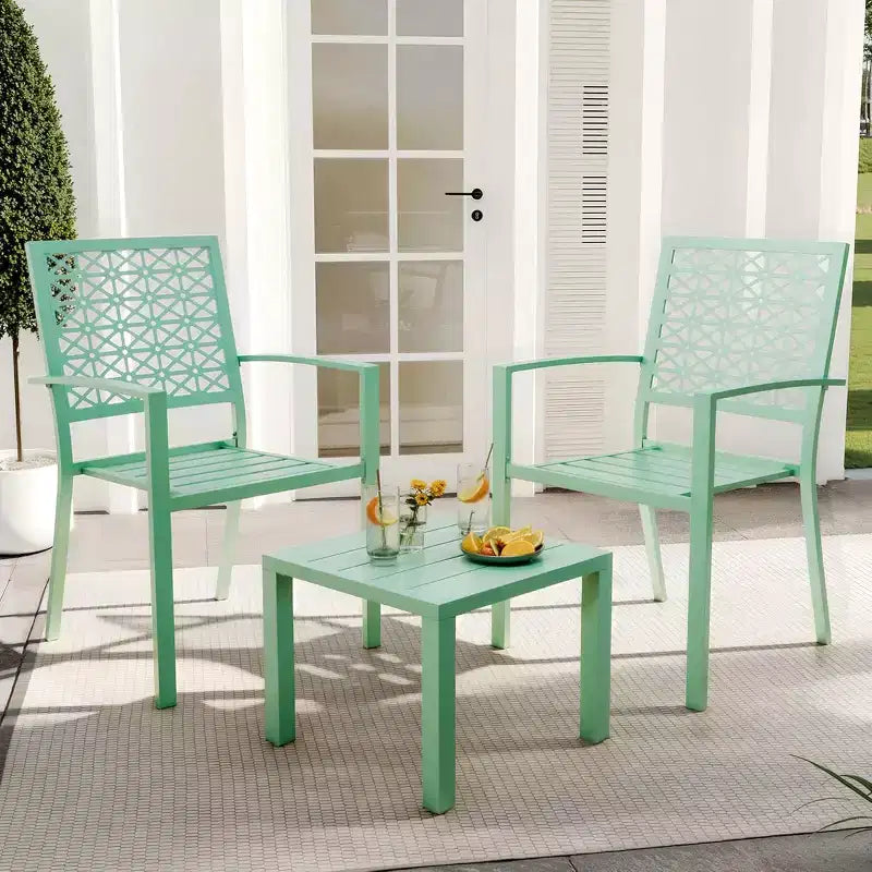 3 Piece Patio Bistro Set, Modern Carved Back Design Furniture Set, Metal Porch Chairs with Tea Table for Balcony, Garden, or Front Patio