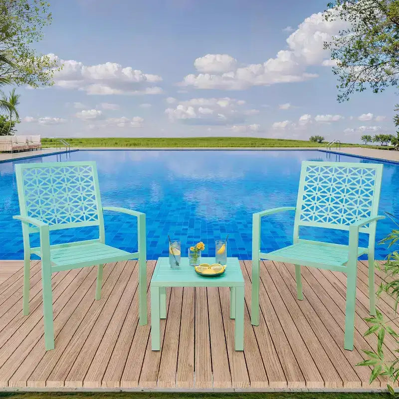 3 Piece Patio Bistro Set, Modern Carved Back Design Furniture Set, Metal Porch Chairs with Tea Table for Balcony, Garden, or Front Patio