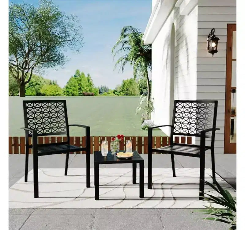 3 Piece Patio Bistro Set, Modern Carved Back Design Furniture Set, Metal Porch Chairs with Tea Table for Balcony, Garden, or Front Patio