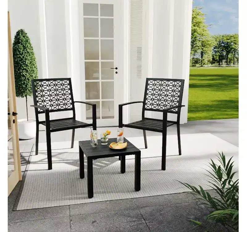 3 Piece Patio Bistro Set, Modern Carved Back Design Furniture Set, Metal Porch Chairs with Tea Table for Balcony, Garden, or Front Patio