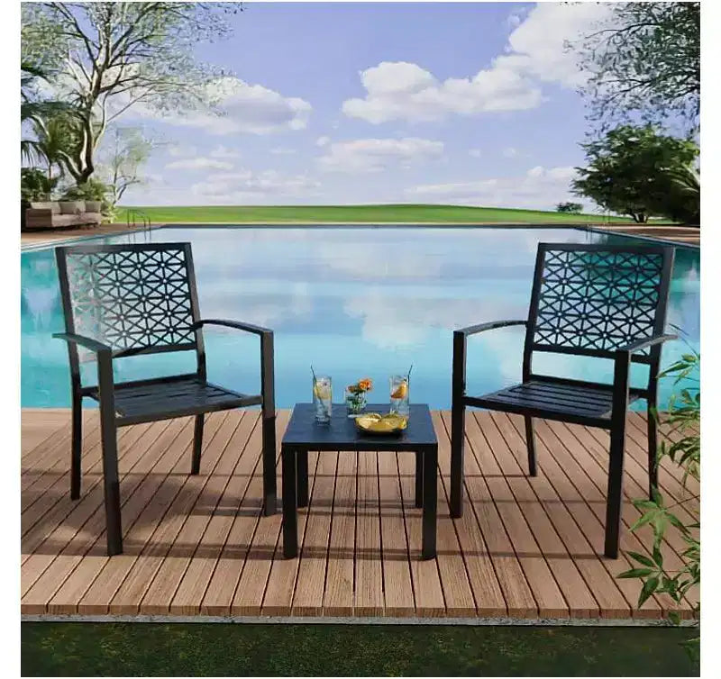 3 Piece Patio Bistro Set, Modern Carved Back Design Furniture Set, Metal Porch Chairs with Tea Table for Balcony, Garden, or Front Patio