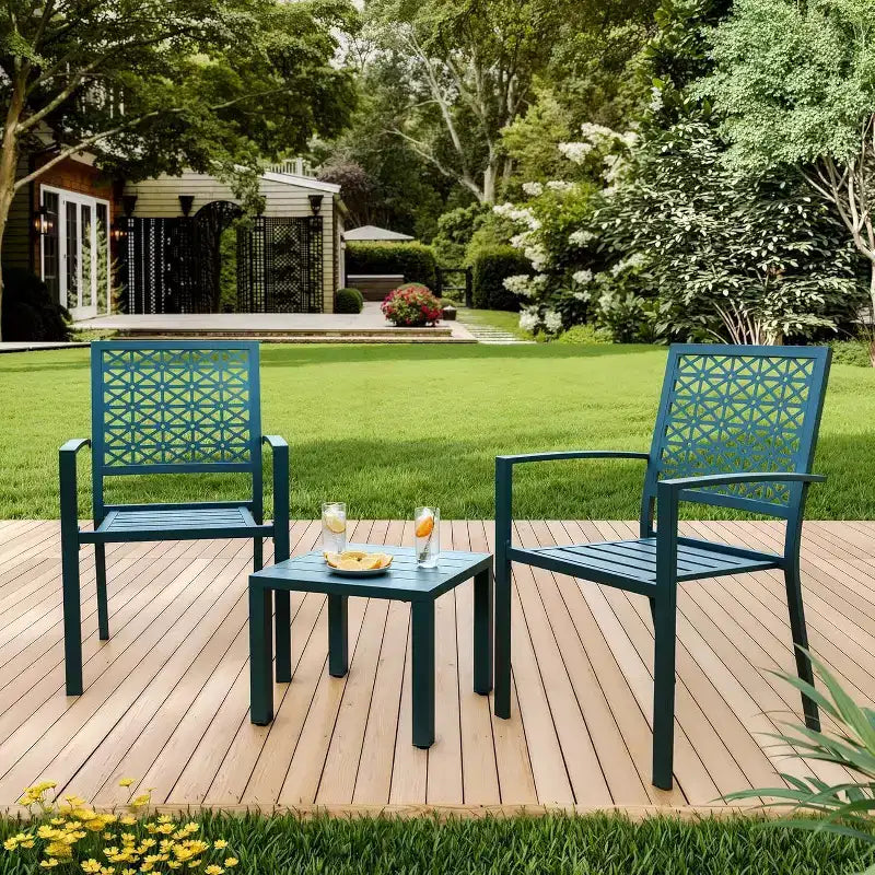 3 Piece Patio Bistro Set, Modern Carved Back Design Furniture Set, Metal Porch Chairs with Tea Table for Balcony, Garden, or Front Patio