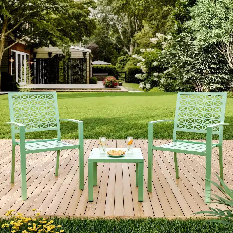 3 Piece Patio Bistro Set, Modern Carved Back Design Furniture Set, Metal Porch Chairs with Tea Table for Balcony, Garden, or Front Patio
