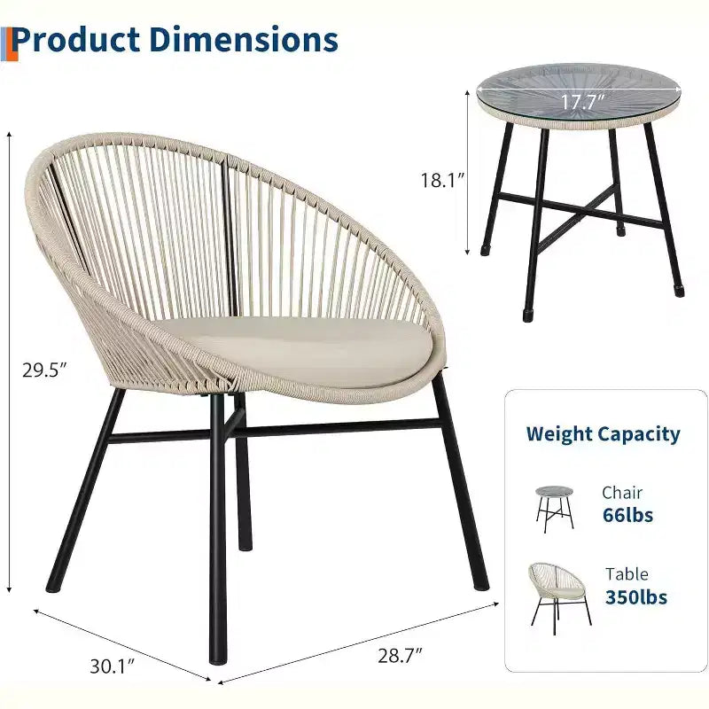 Acekool 3-Piece Outdoor Acapulco Patio Bistro Set,Cushioned Chairs & Glass Top Table, All-Weather Blue Chairs for Balcony, Pool, Garden, Backyard