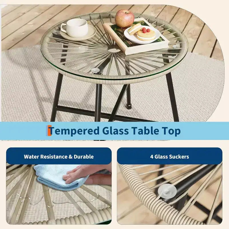 Acekool 3-Piece Outdoor Acapulco Patio Bistro Set,Cushioned Chairs & Glass Top Table, All-Weather Blue Chairs for Balcony, Pool, Garden, Backyard