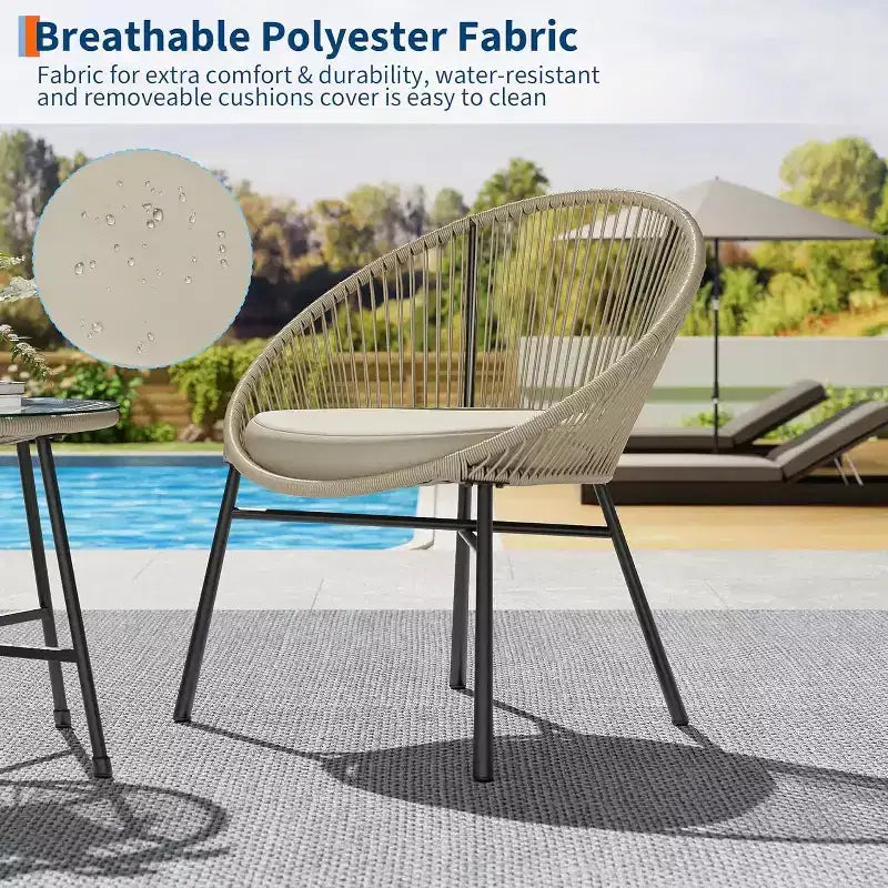 Acekool 3-Piece Outdoor Acapulco Patio Bistro Set,Cushioned Chairs & Glass Top Table, All-Weather Blue Chairs for Balcony, Pool, Garden, Backyard