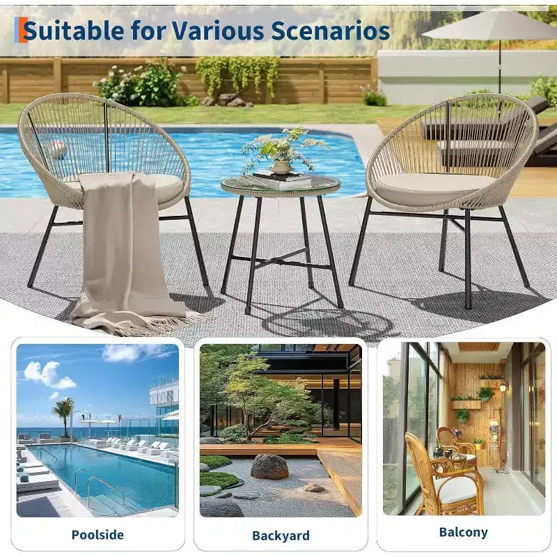 Acekool 3-Piece Outdoor Acapulco Patio Bistro Set,Cushioned Chairs & Glass Top Table, All-Weather Blue Chairs for Balcony, Pool, Garden, Backyard