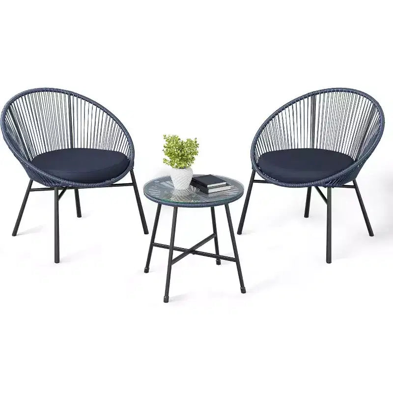 Acekool 3-Piece Outdoor Acapulco Patio Bistro Set,Cushioned Chairs & Glass Top Table, All-Weather Blue Chairs for Balcony, Pool, Garden, Backyard