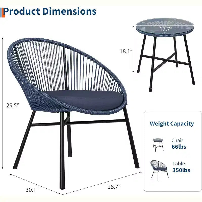 Acekool 3-Piece Outdoor Acapulco Patio Bistro Set,Cushioned Chairs & Glass Top Table, All-Weather Blue Chairs for Balcony, Pool, Garden, Backyard