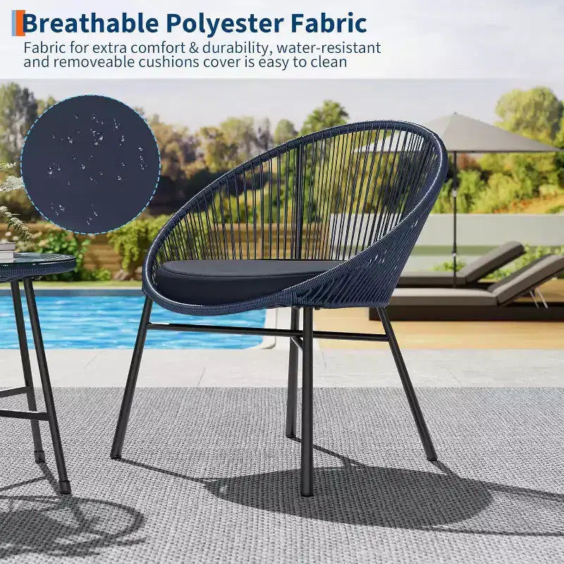Acekool 3-Piece Outdoor Acapulco Patio Bistro Set,Cushioned Chairs & Glass Top Table, All-Weather Blue Chairs for Balcony, Pool, Garden, Backyard