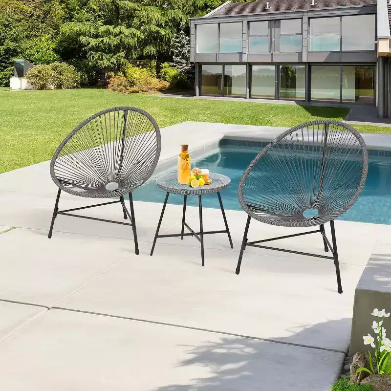 Acekool 3-Piece Acapulco Patio Bistro Set with Glass Top Table & 2 Wicker Chairs, All-Weather Outdoor Seating for Balcony and Backyard, Grey