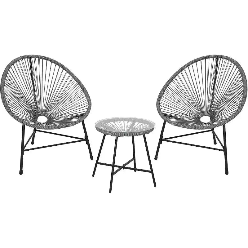 Acekool 3-Piece Acapulco Patio Bistro Set with Glass Top Table & 2 Wicker Chairs, All-Weather Outdoor Seating for Balcony and Backyard, Grey