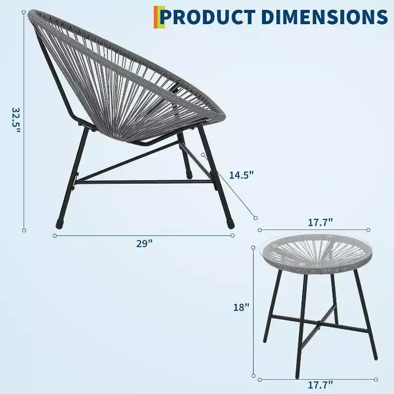 Acekool 3-Piece Acapulco Patio Bistro Set with Glass Top Table & 2 Wicker Chairs, All-Weather Outdoor Seating for Balcony and Backyard, Grey