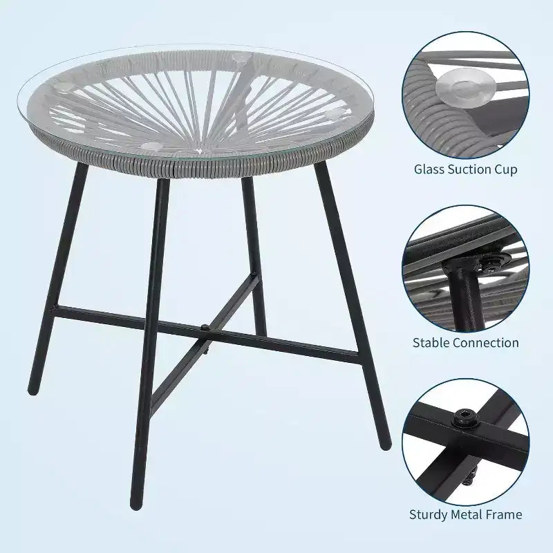 Acekool 3-Piece Acapulco Patio Bistro Set with Glass Top Table & 2 Wicker Chairs, All-Weather Outdoor Seating for Balcony and Backyard, Grey