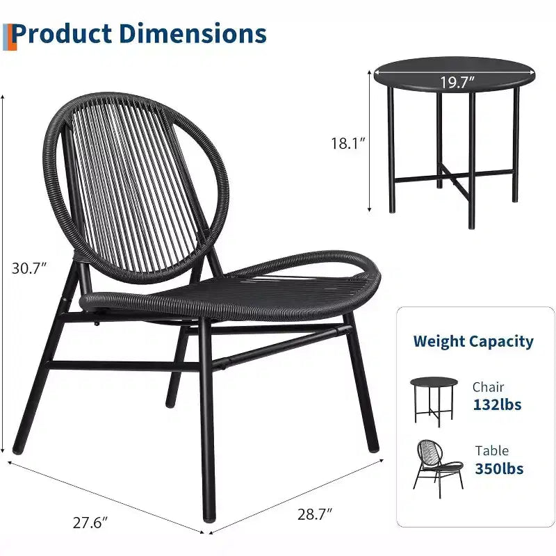 Acekool 3-Piece Outdoor Patio Bistro Set,Powder-Coated Steel Chairs & Side Table, Weather-Resistant Black Furniture for Garden, Balcony, Backyard
