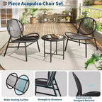 Acekool 3-Piece Outdoor Patio Bistro Set,Powder-Coated Steel Chairs & Side Table, Weather-Resistant Black Furniture for Garden, Balcony, Backyard
