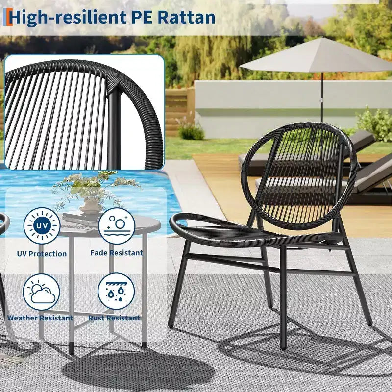 Acekool 3-Piece Outdoor Patio Bistro Set,Powder-Coated Steel Chairs & Side Table, Weather-Resistant Black Furniture for Garden, Balcony, Backyard