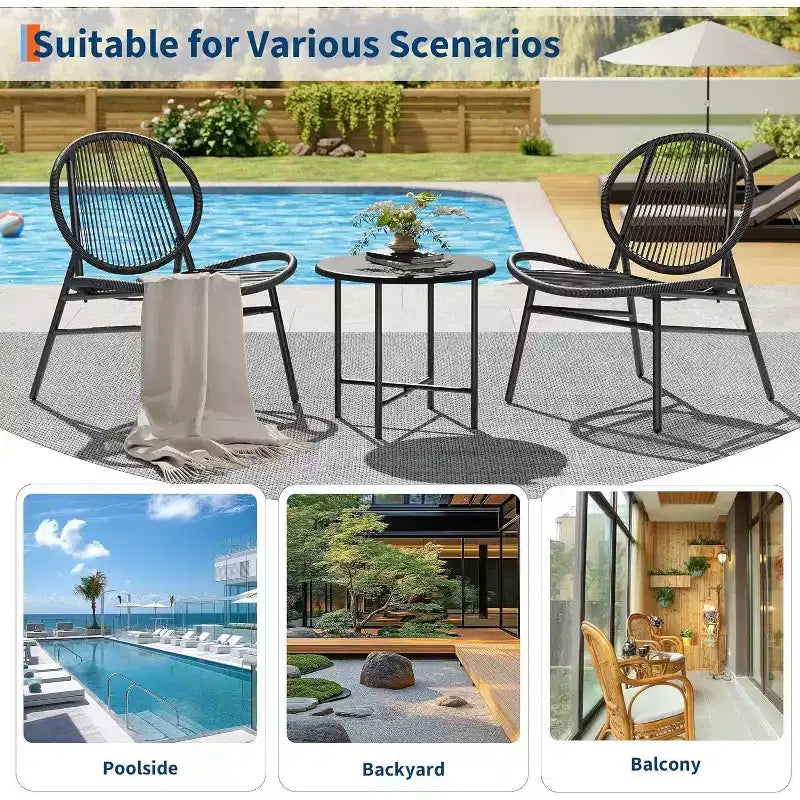 Acekool 3-Piece Outdoor Patio Bistro Set,Powder-Coated Steel Chairs & Side Table, Weather-Resistant Black Furniture for Garden, Balcony, Backyard