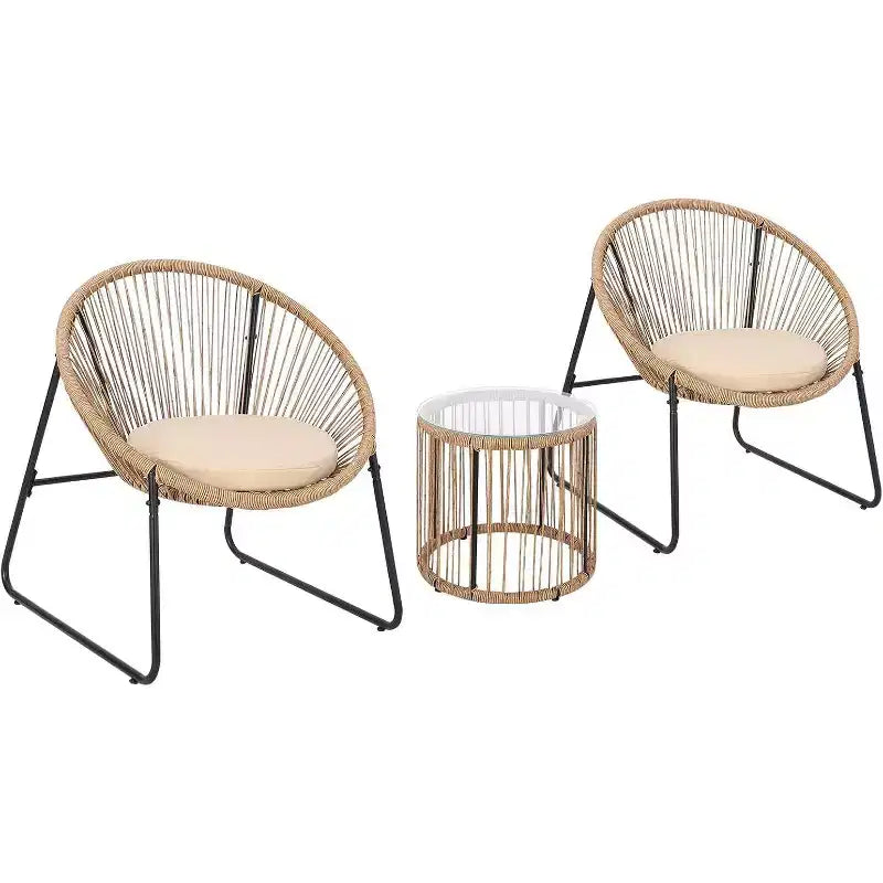 Acekool 3-Piece Acapulco Outdoor Seating Set with Glass Top Side Table and Cushioned Chairs, PE Rattan Patio Bistro Set for Garden & Balcony, Brown