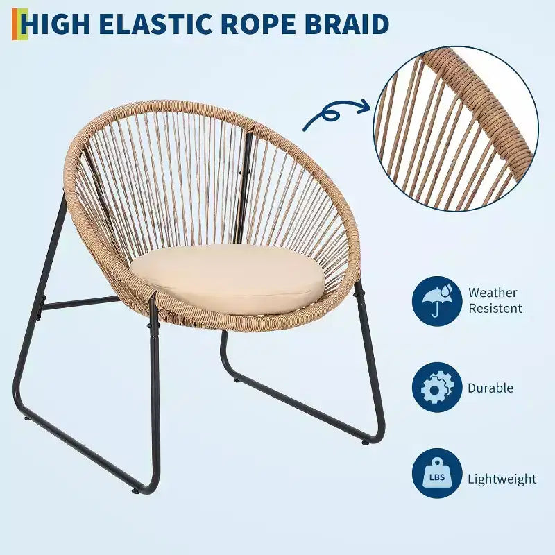 Acekool 3-Piece Acapulco Outdoor Seating Set with Glass Top Side Table and Cushioned Chairs, PE Rattan Patio Bistro Set for Garden & Balcony, Brown