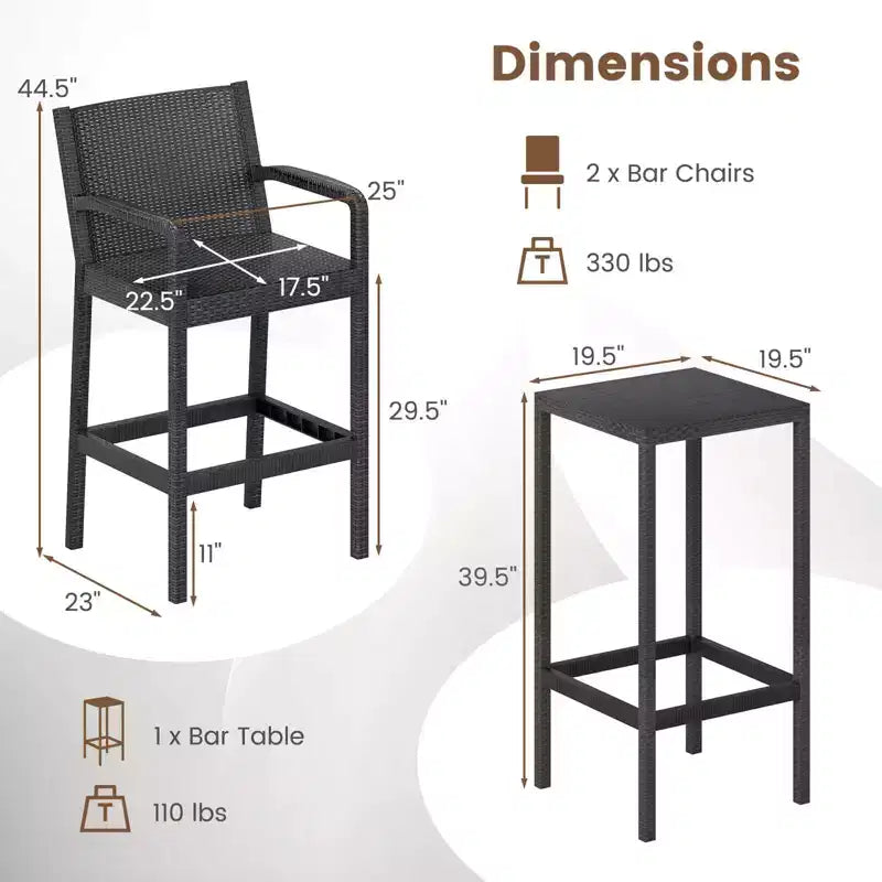 Costway 3 Pieces Patio Bar Set with 2 Stools & 1 Bar Table Curved Backrest Armrests