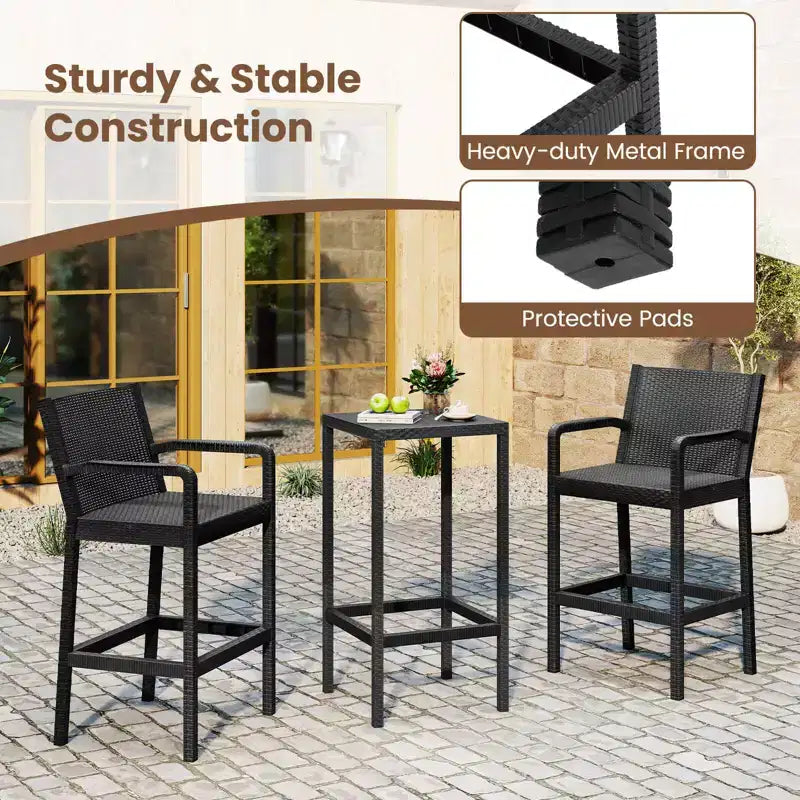 Costway 3 Pieces Patio Bar Set with 2 Stools & 1 Bar Table Curved Backrest Armrests