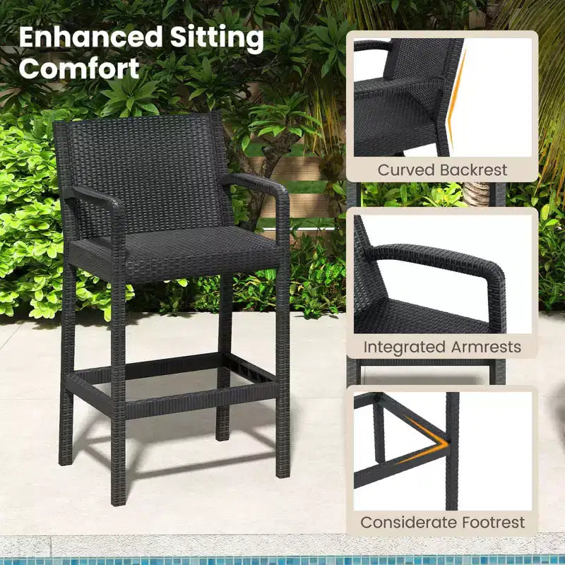 Costway 3 Pieces Patio Bar Set with 2 Stools & 1 Bar Table Curved Backrest Armrests