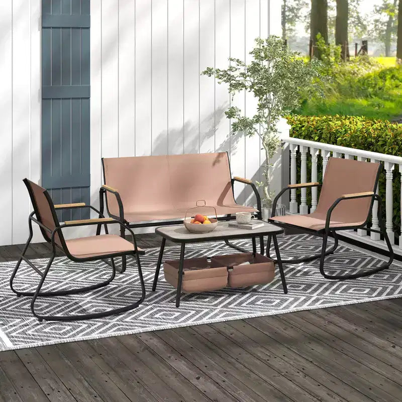 Costway 8 PCS Patio Furniture Set with 4 Rocking Bistro Chairs 2-Tier Coffee Table Black/Coffee