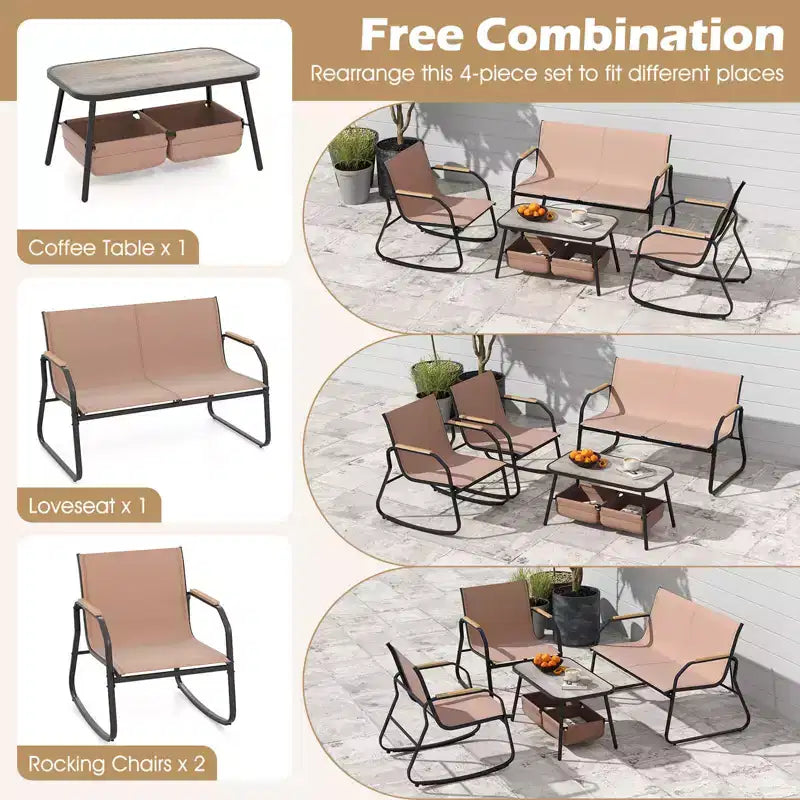 Costway 8 PCS Patio Furniture Set with 4 Rocking Bistro Chairs 2-Tier Coffee Table Black/Coffee