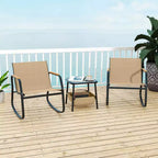 Costway 3 Piece Rocking Bistro Set with Storage Bag PS Armrests & Tabletop Metal Frame Brown/Black