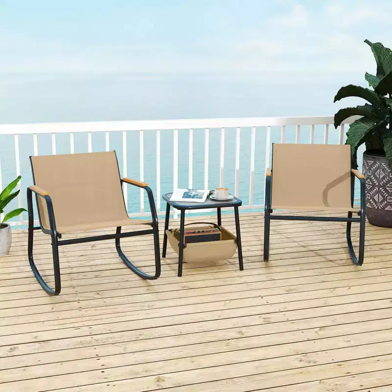 Costway 3 Piece Rocking Bistro Set with Storage Bag PS Armrests & Tabletop Metal Frame Brown/Black