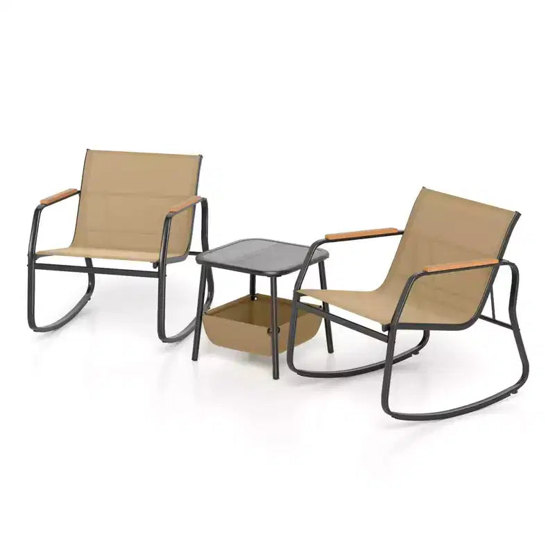 Costway 3 Piece Rocking Bistro Set with Storage Bag PS Armrests & Tabletop Metal Frame Brown/Black