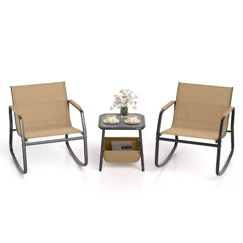 Costway 3 Piece Rocking Bistro Set with Storage Bag PS Armrests & Tabletop Metal Frame Brown/Black
