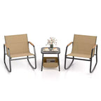 Costway 3 Piece Rocking Bistro Set with Storage Bag PS Armrests & Tabletop Metal Frame Brown/Black