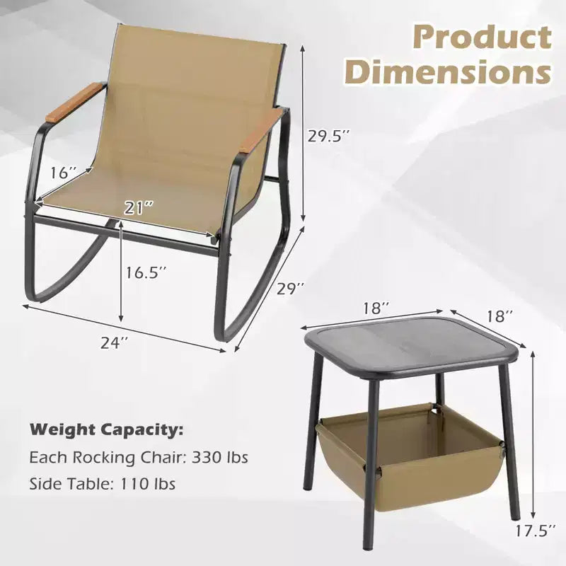 Costway 3 Piece Rocking Bistro Set with Storage Bag PS Armrests & Tabletop Metal Frame Brown/Black