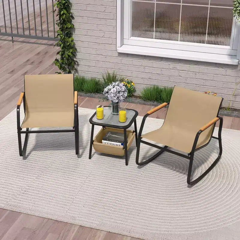 Costway 3 Piece Rocking Bistro Set with Storage Bag PS Armrests & Tabletop Metal Frame Brown/Black