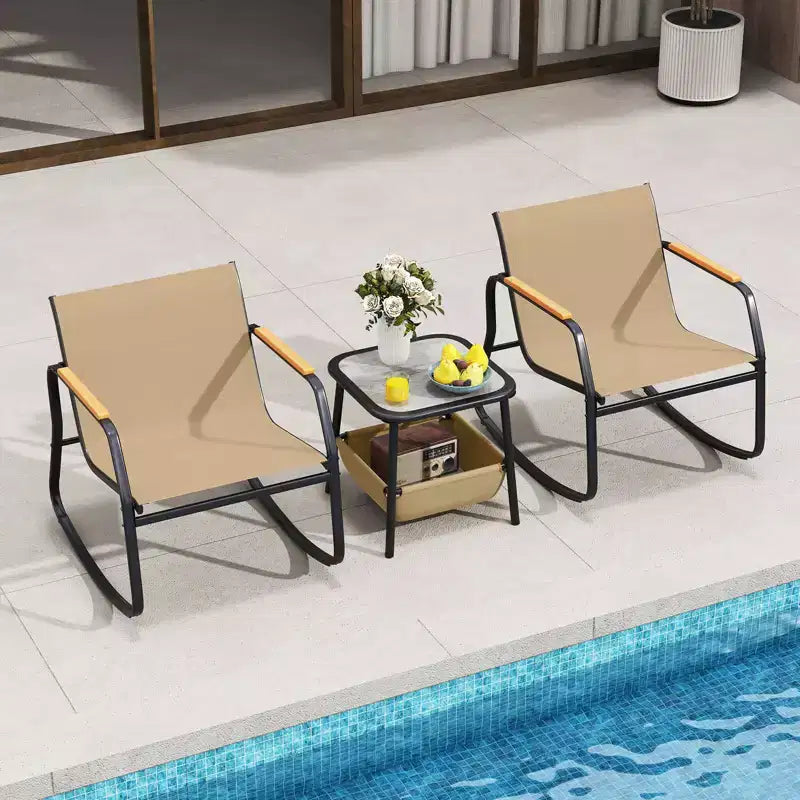 Costway 3 Piece Rocking Bistro Set with Storage Bag PS Armrests & Tabletop Metal Frame Brown/Black